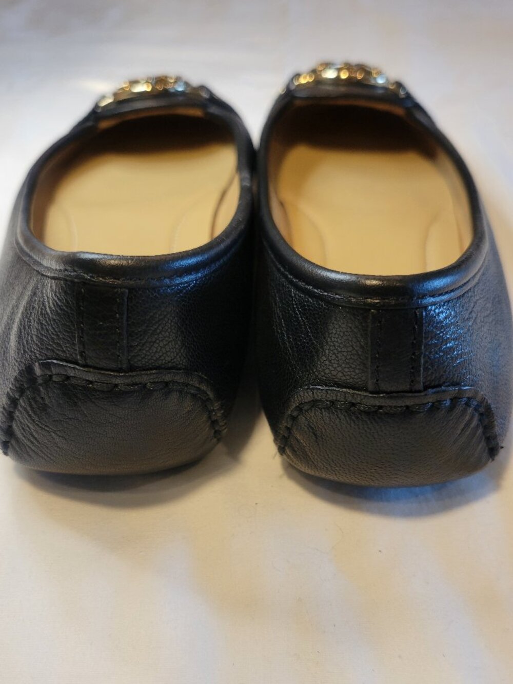 Michael Kors Black Leather Ballet Flats Gold MK Logo Loafers 7M - Picture 10 of 12